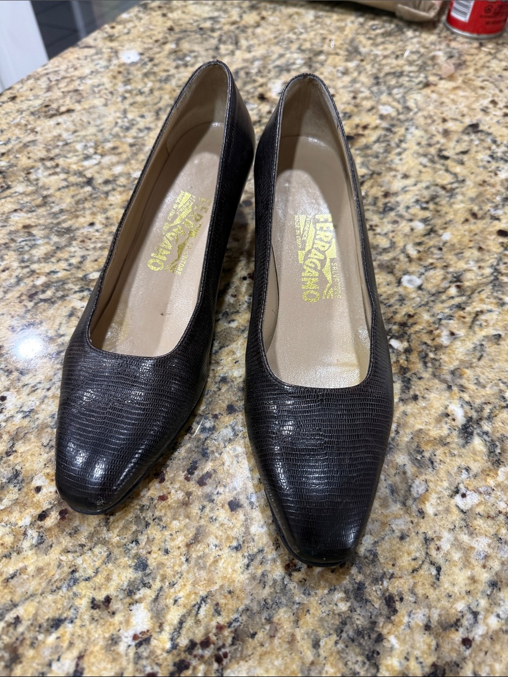 Salvatore Ferragamo Black Lizard-Embossed Leather Pumps